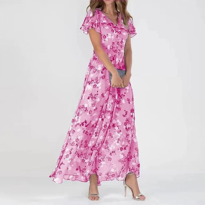 Women's Maxi Sundress with Floral Print & Ruffle Sleeves | V-Neck