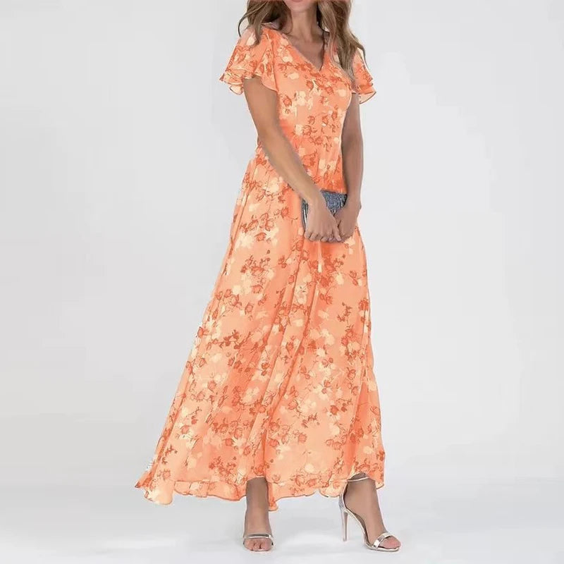 Women's Maxi Sundress with Floral Print & Ruffle Sleeves | V-Neck