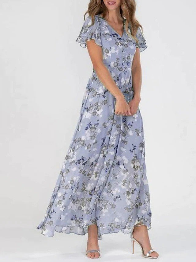 Women's Maxi Sundress with Floral Print & Ruffle Sleeves | V-Neck