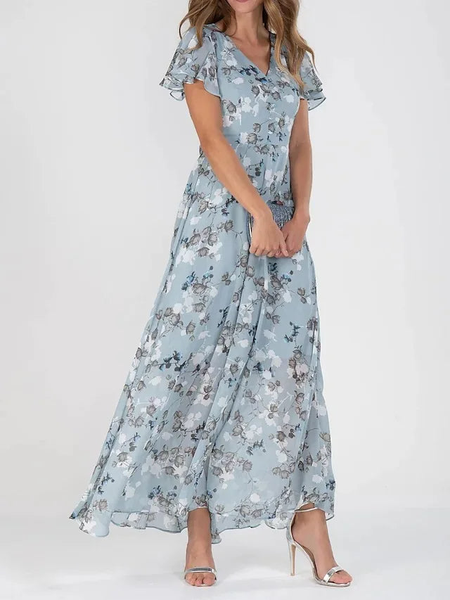 Women's Maxi Sundress with Floral Print & Ruffle Sleeves | V-Neck