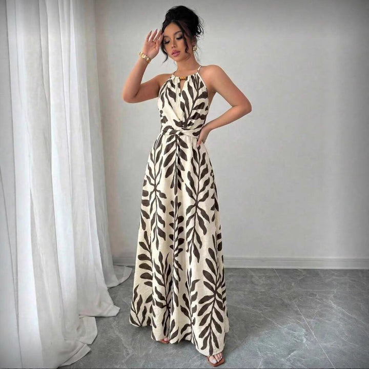 Women's Maxi Sundress with Halter Neck | Leaf Print