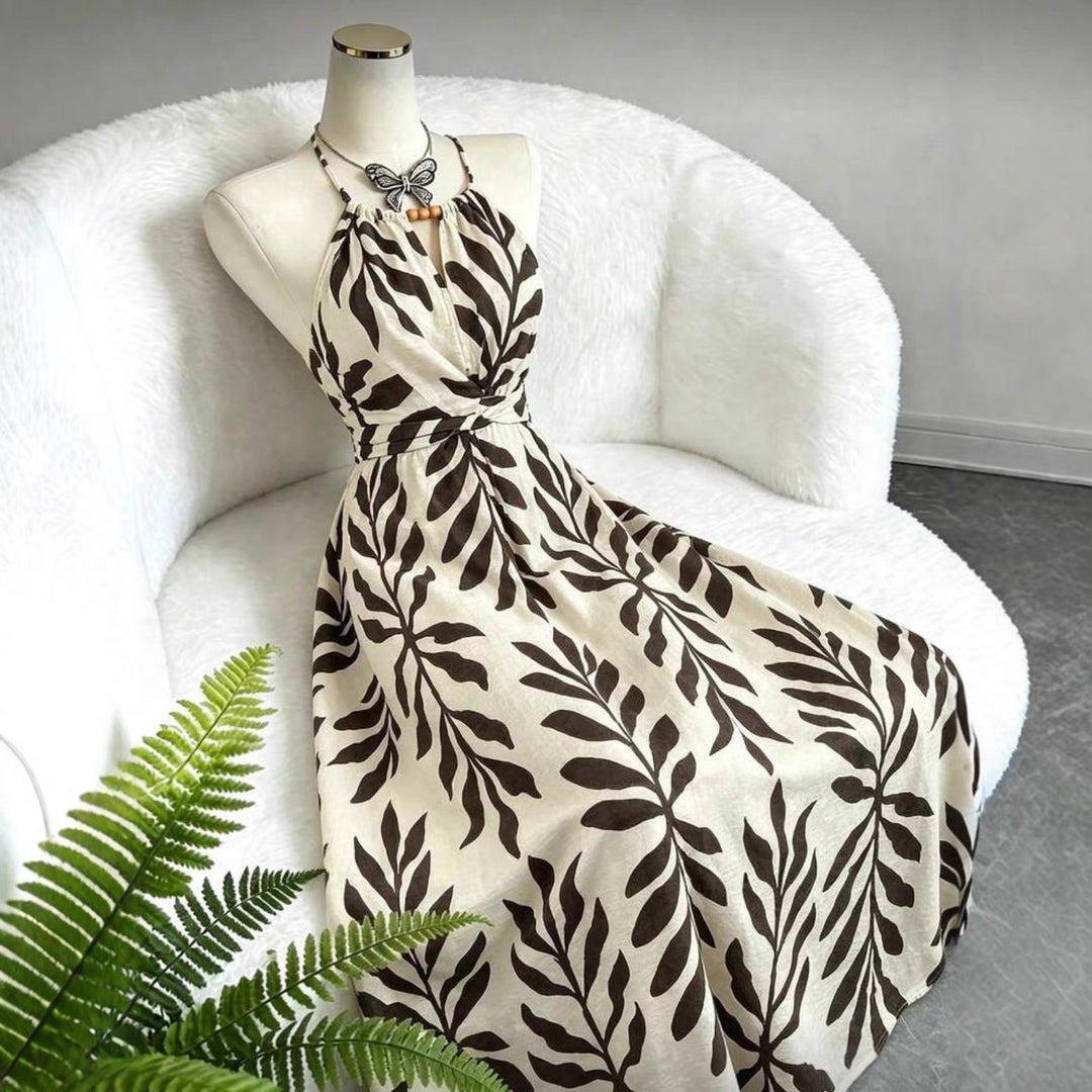 Women's Maxi Sundress with Halter Neck | Leaf Print