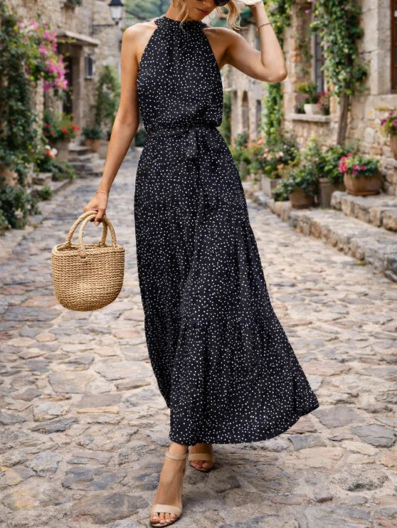 Women's Maxi Sundress with Polka Dot Print | Halter Neck