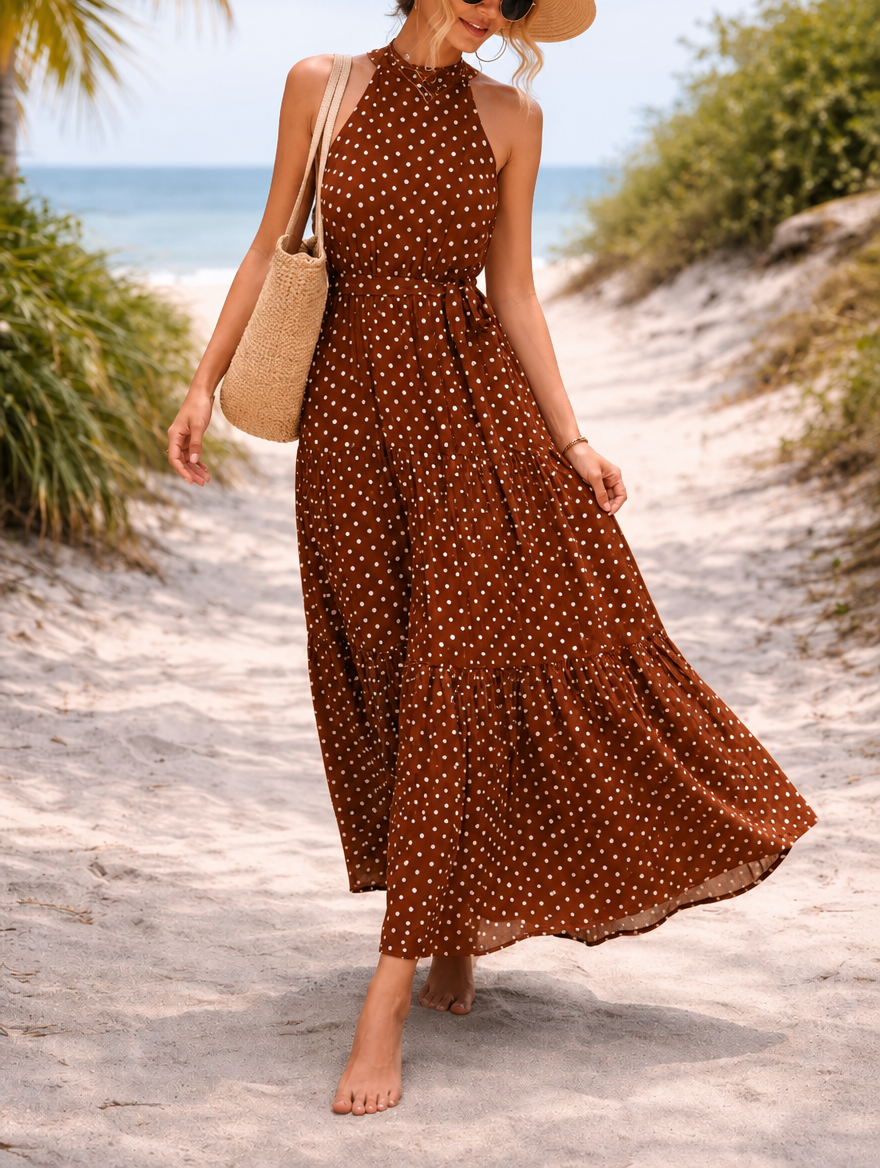Women's Maxi Sundress with Polka Dot Print | Halter Neck