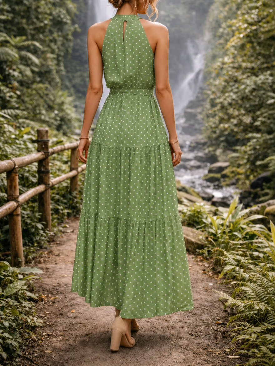 Women's Maxi Sundress with Polka Dot Print | Halter Neck