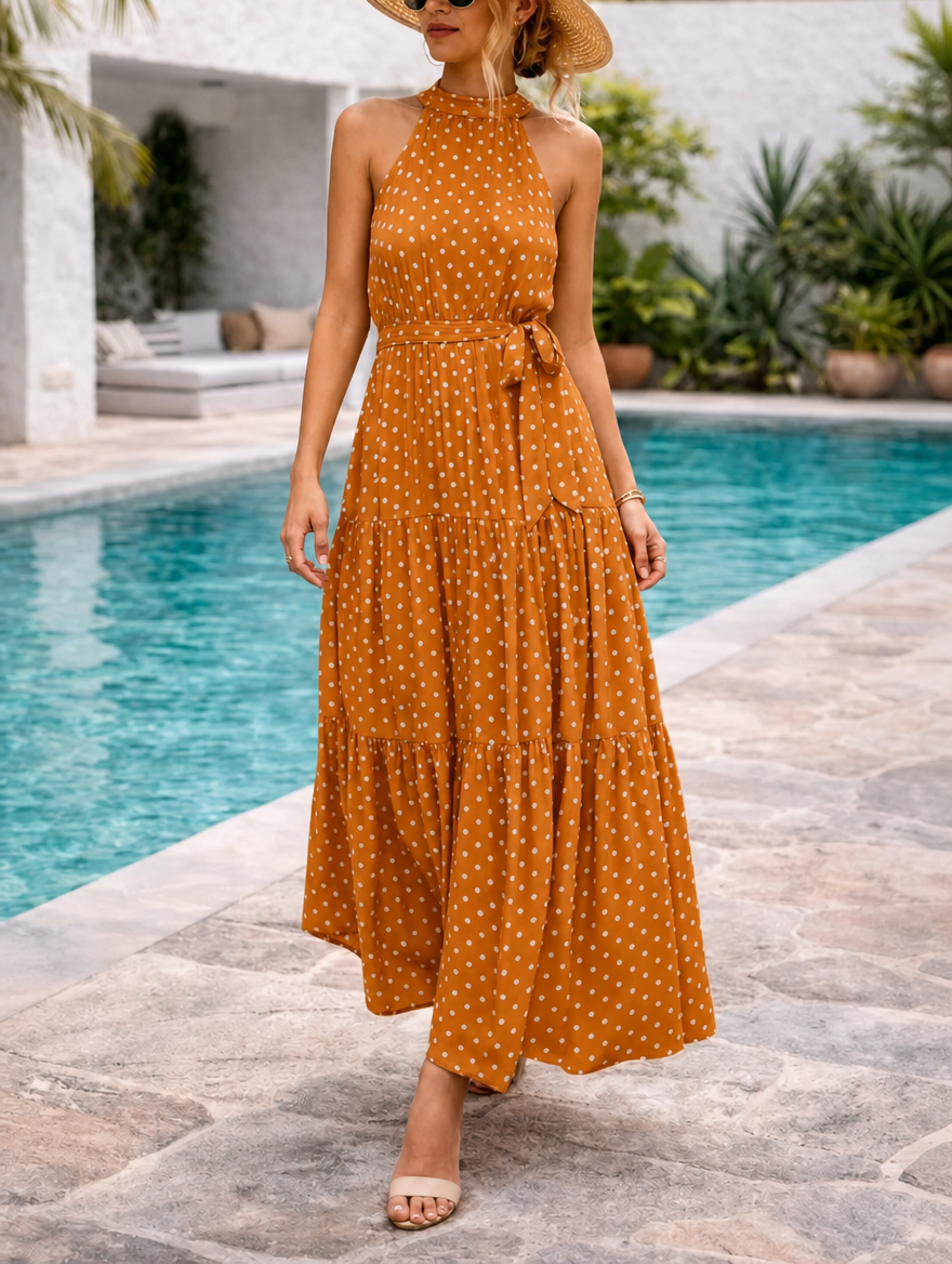 Women's Maxi Sundress with Polka Dot Print | Halter Neck