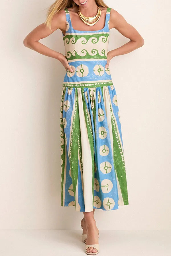Women's Maxi Sundress with Tribal Print | Square Neck