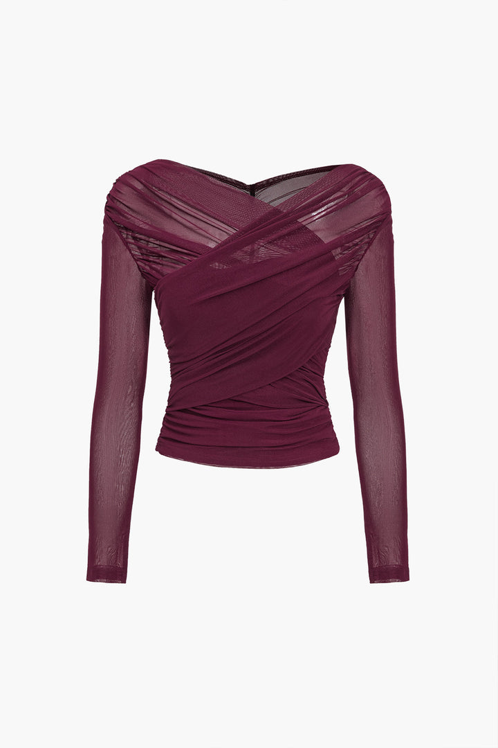 Women's Mesh Long Sleeve Top Ruched Wrap V-Neck | Cropped