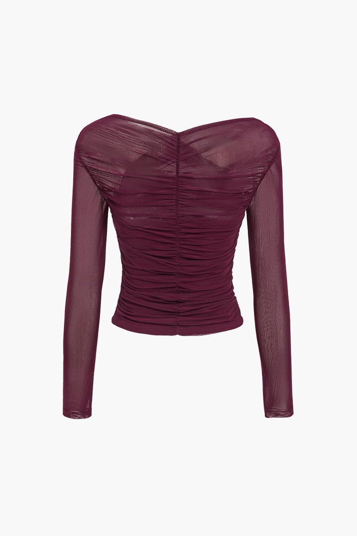 Women's Mesh Long Sleeve Top Ruched Wrap V-Neck | Cropped