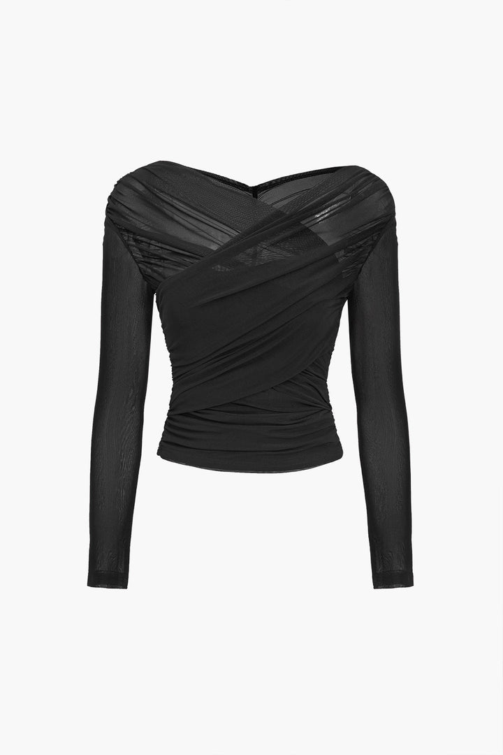 Women's Mesh Long Sleeve Top Ruched Wrap V-Neck | Cropped