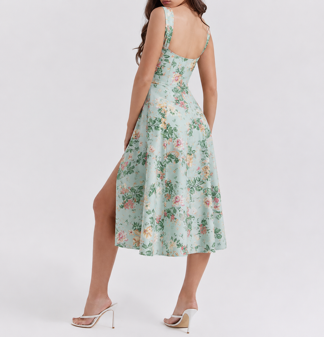 Women's Midi Dress Corset Floral with Thigh Slit | Sun