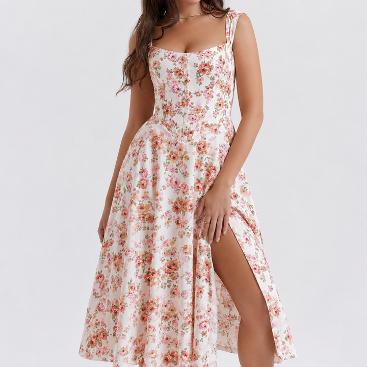 Women's Midi Dress Corset Floral with Thigh Slit | Sun