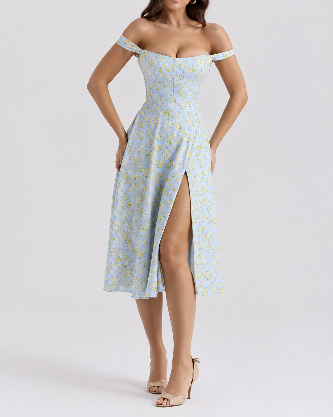 Women's Midi Dress Corset Floral with Thigh Slit | Sun