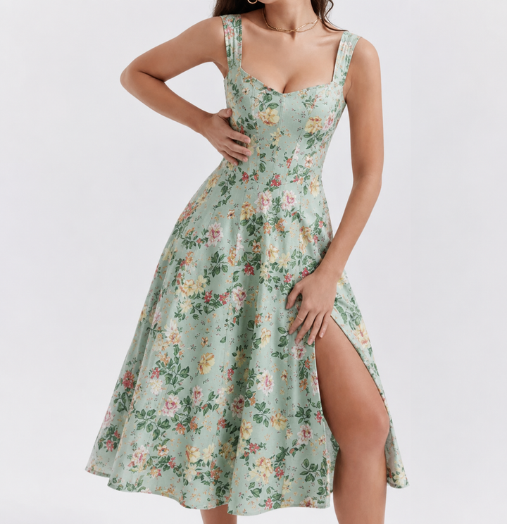 Women's Midi Dress Corset Floral with Thigh Slit | Sun