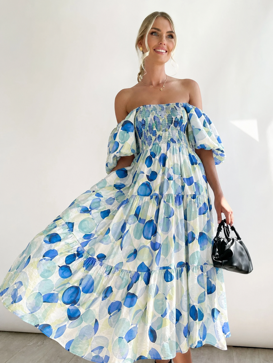 Women's Midi Dress Off Shoulder with Puff Sleeve | Flowy
