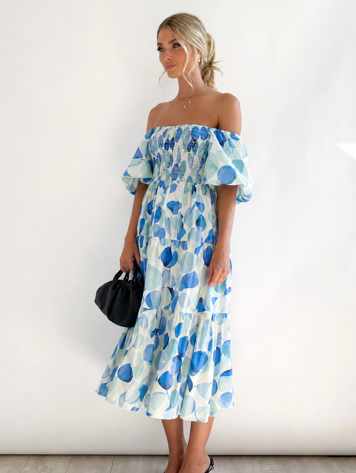 Women's Midi Dress Off Shoulder with Puff Sleeve | Flowy