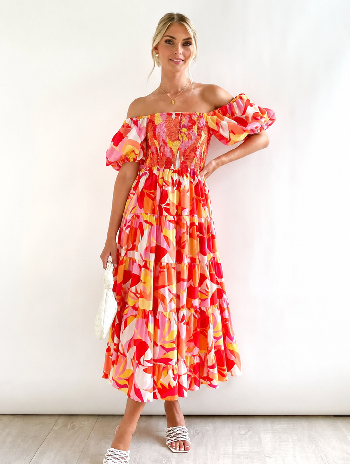 Women's Midi Dress Off Shoulder with Puff Sleeve | Flowy