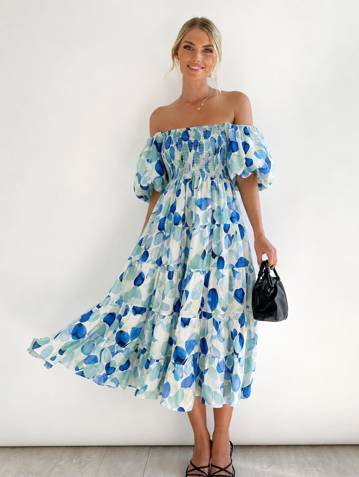 Women's Midi Dress Off Shoulder with Puff Sleeve | Flowy