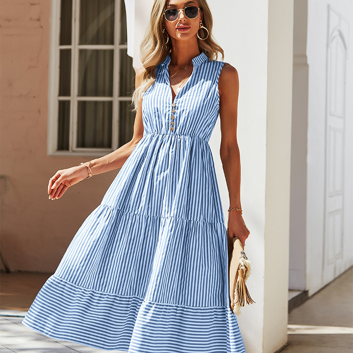 Women's Midi Dress with Button Front & Stripes | Casual