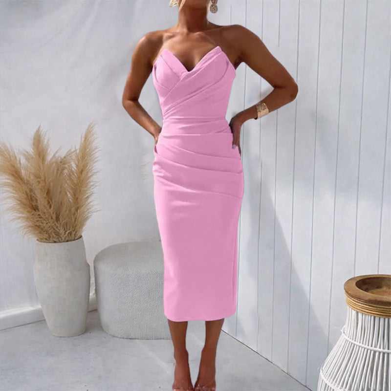 Women's Midi Dress with Ruched Bodice & Strapless | Cocktail