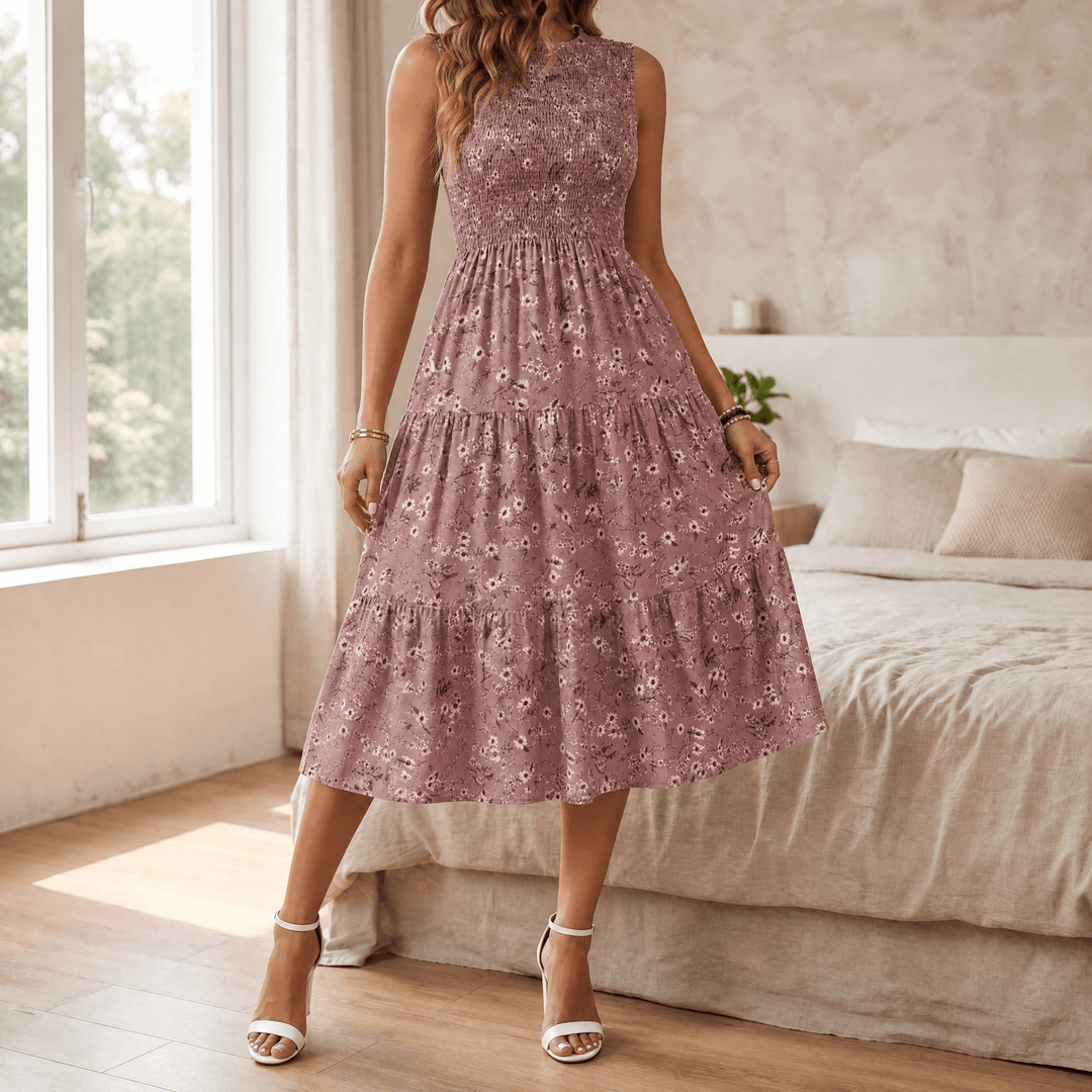 Women's Midi Dress with Smocked Bodice & Tiered Skirt | Floral