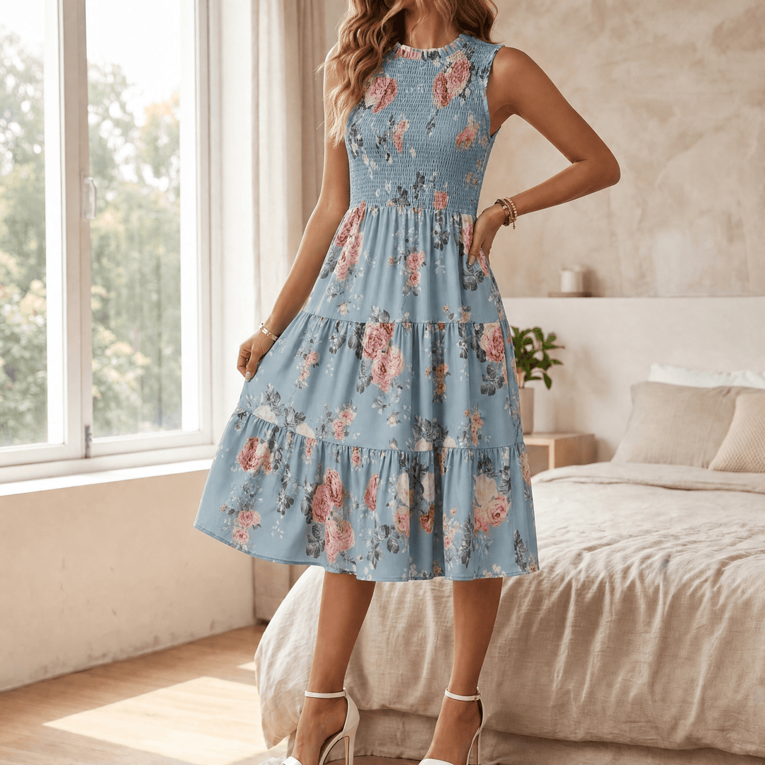 Women's Midi Dress with Smocked Bodice & Tiered Skirt | Floral