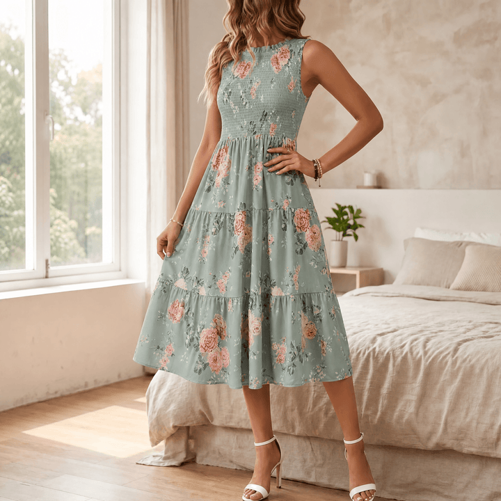 Women's Midi Dress with Smocked Bodice & Tiered Skirt | Floral