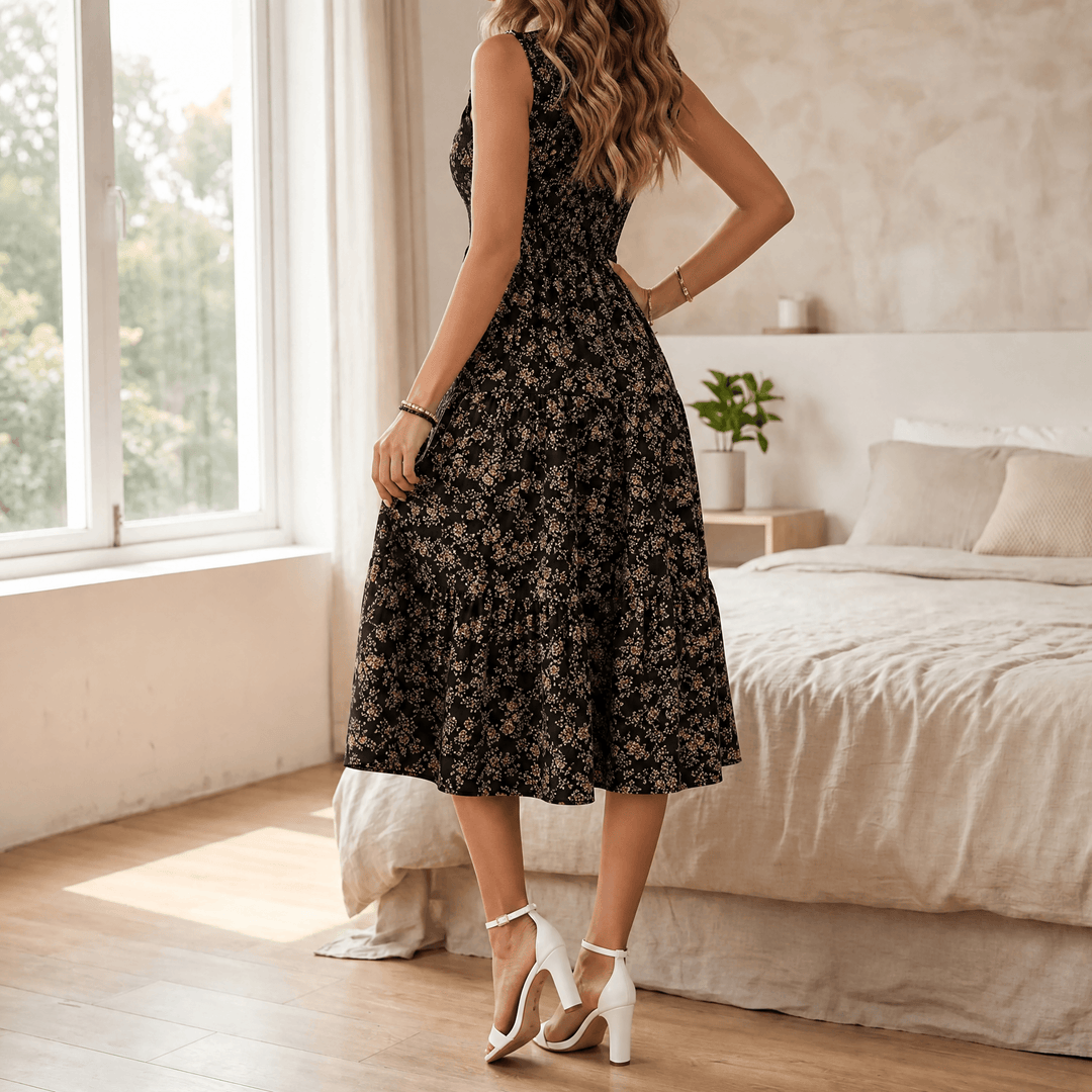 Women's Midi Dress with Smocked Bodice & Tiered Skirt | Floral