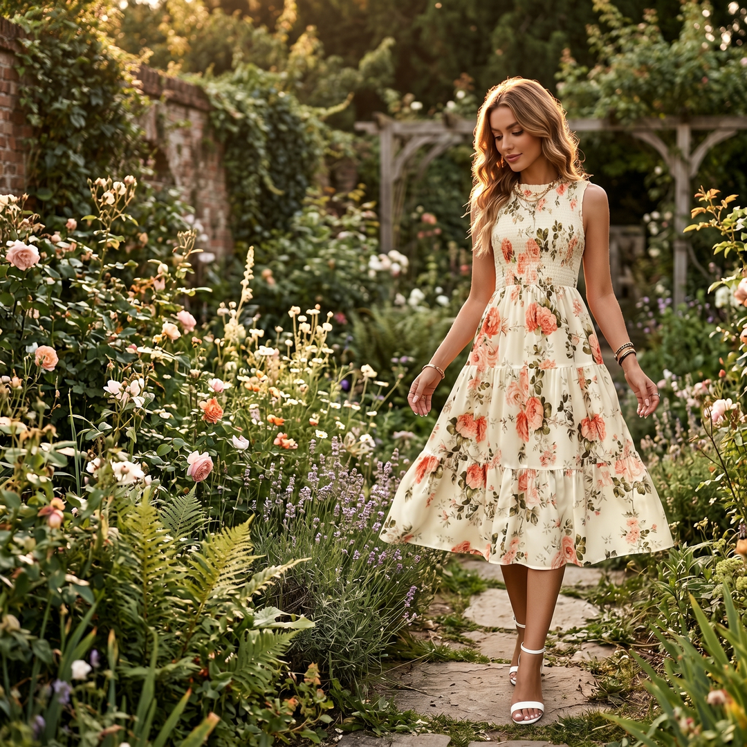 Women's Midi Dress with Smocked Bodice & Tiered Skirt | Floral