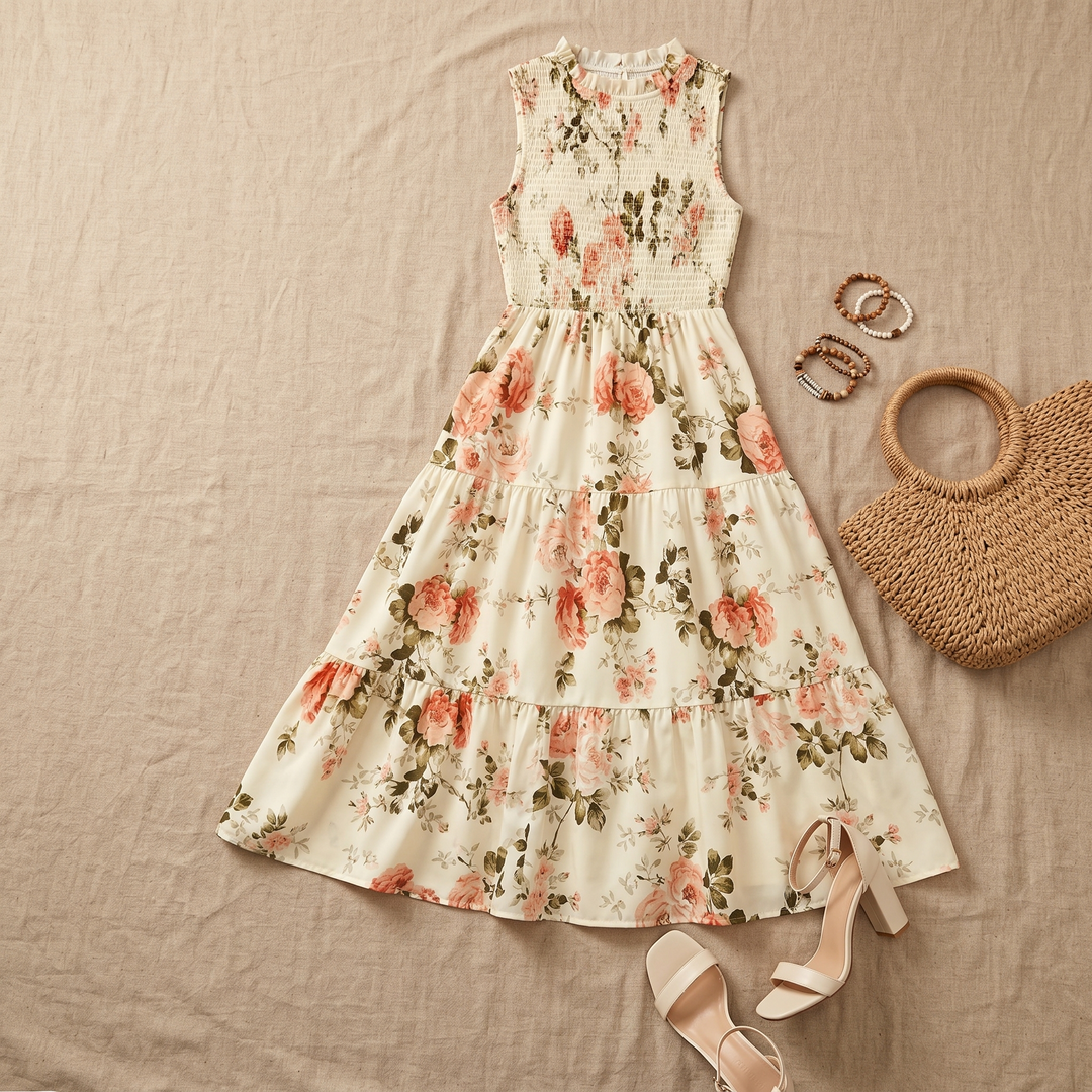 Women's Midi Dress with Smocked Bodice & Tiered Skirt | Floral
