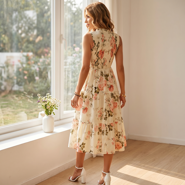 Women's Midi Dress with Smocked Bodice & Tiered Skirt | Floral