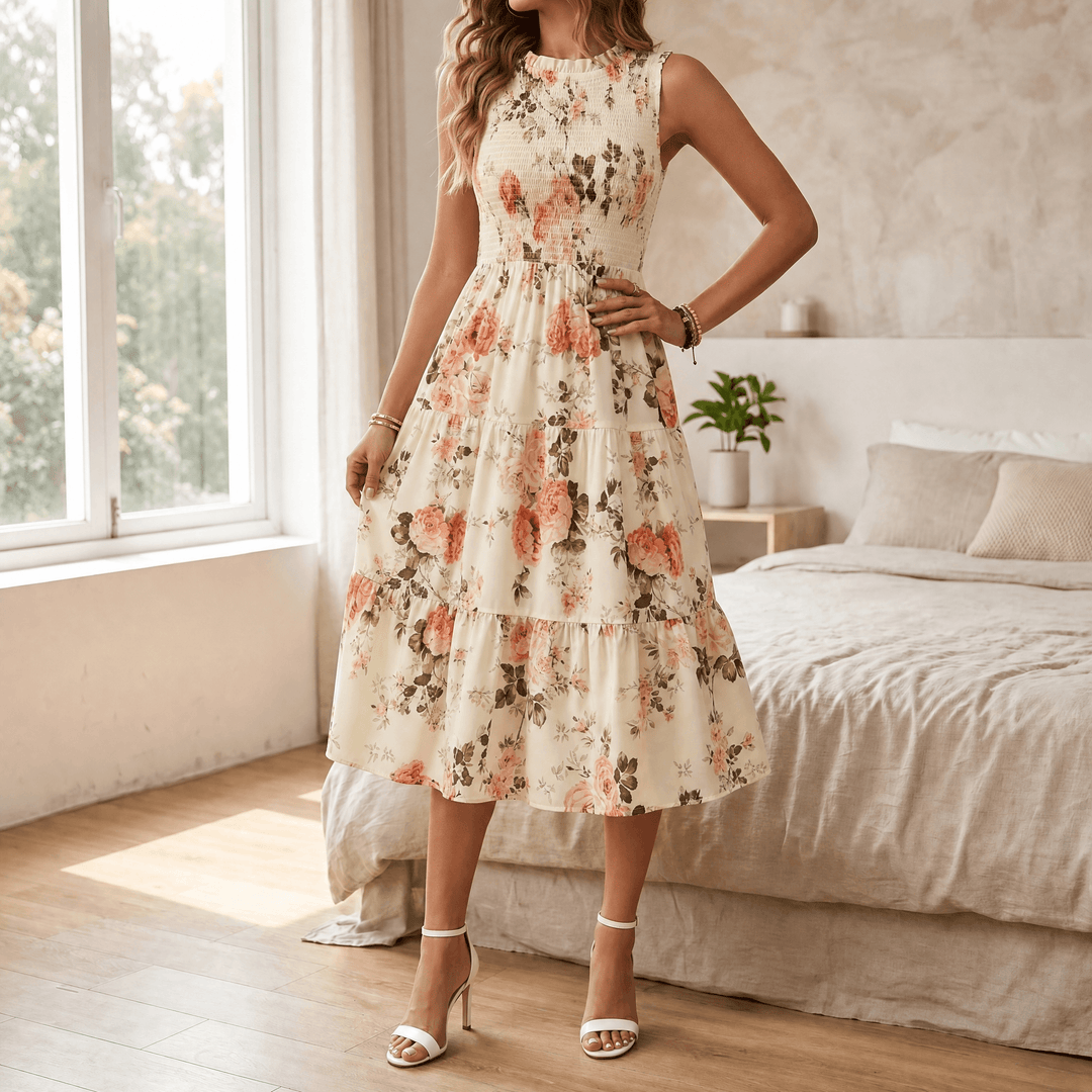 Women's Midi Dress with Smocked Bodice & Tiered Skirt | Floral