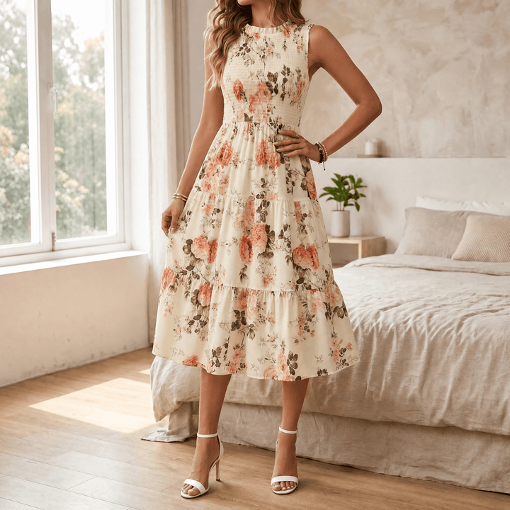 Women's Midi Dress with Smocked Bodice & Tiered Skirt | Floral