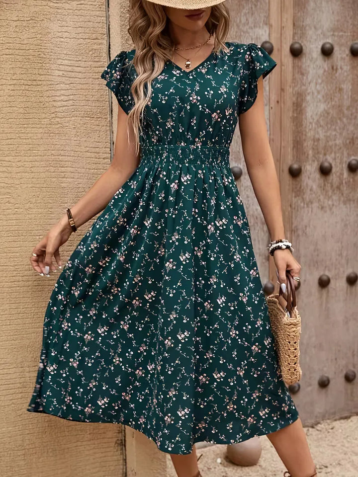 Women’s Midi Dress with V-Neck & Floral Print | Summer