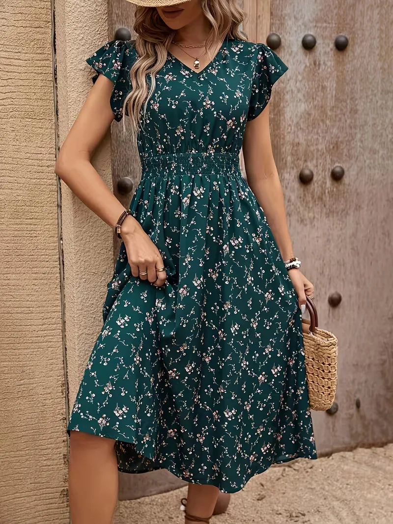Women’s Midi Dress with V-Neck & Floral Print | Summer
