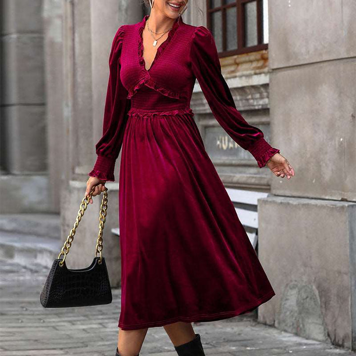 Women's Midi Dress with V Neck & Long Sleeve | Formal