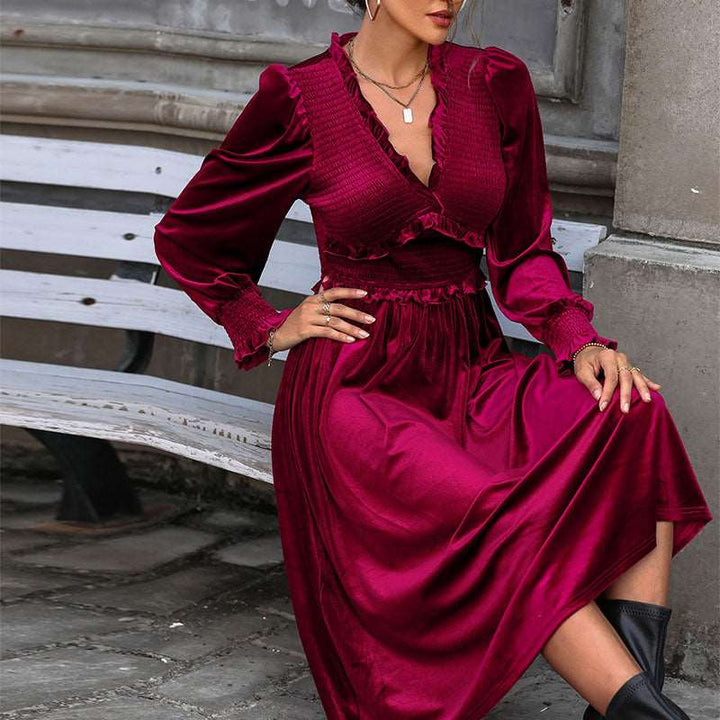 Women's Midi Dress with V Neck & Long Sleeve | Formal