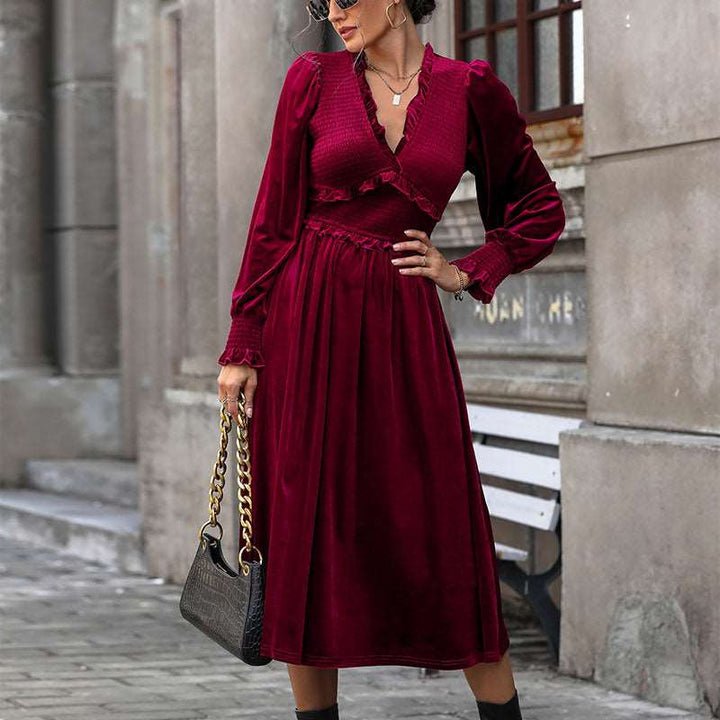 Women's Midi Dress with V Neck & Long Sleeve | Formal