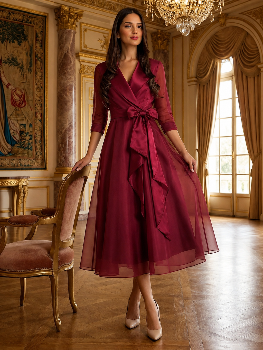 Women's Midi Dress Wrap with Bow Waist Tie | Cocktail