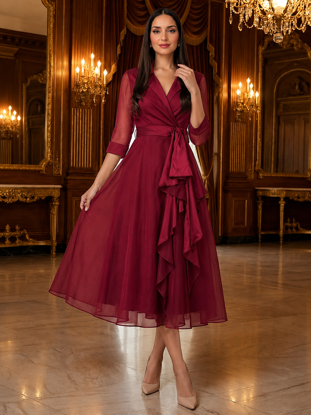Women's Midi Dress Wrap with Bow Waist Tie | Cocktail