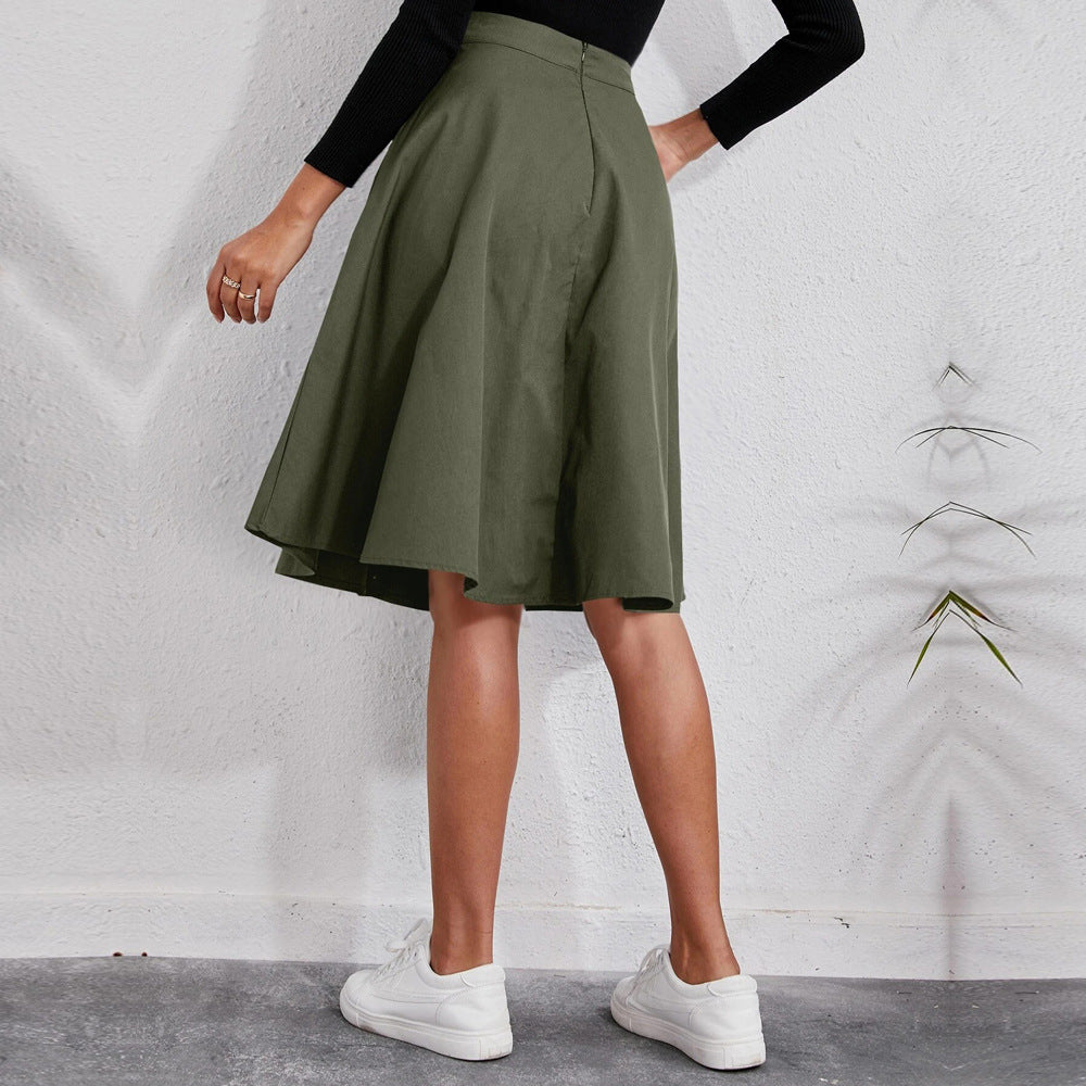 Women’s Midi Skirt with Button Front & Side Pockets | A-Line