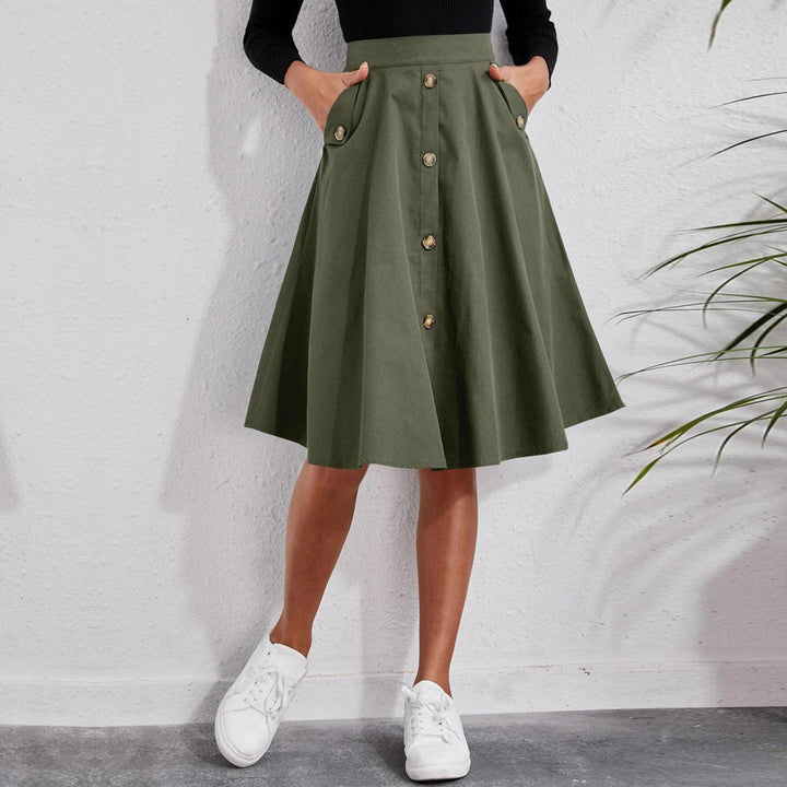 Women’s Midi Skirt with Button Front & Side Pockets | A-Line