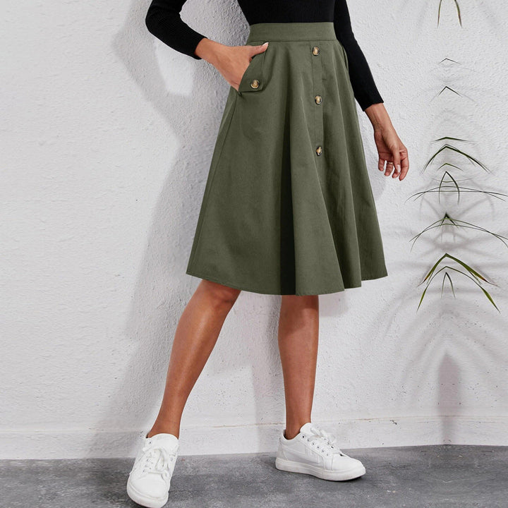 Women’s Midi Skirt with Button Front & Side Pockets | A-Line