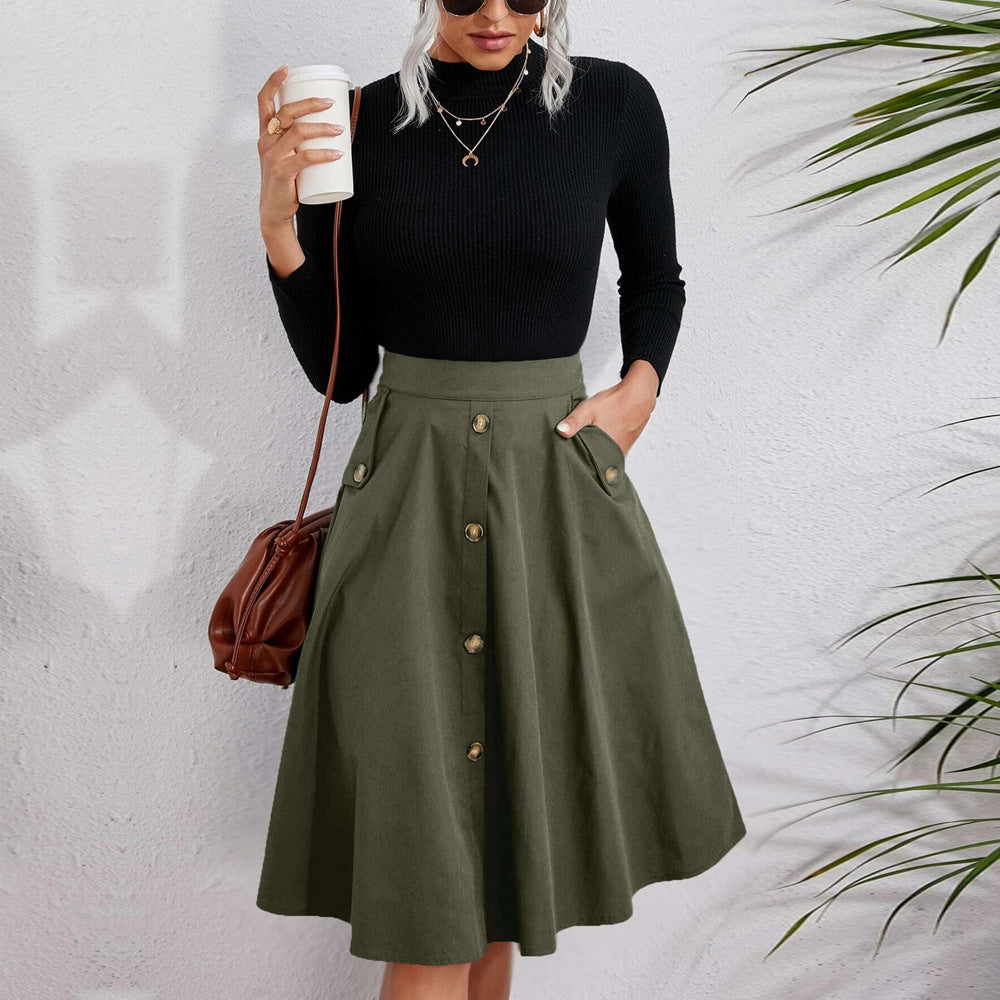 Women’s Midi Skirt with Button Front & Side Pockets | A-Line