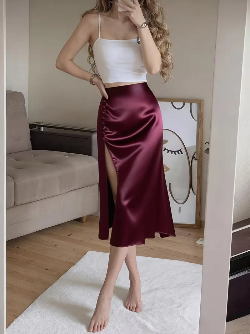Women's Midi Skirt with Button Front | Side Slit