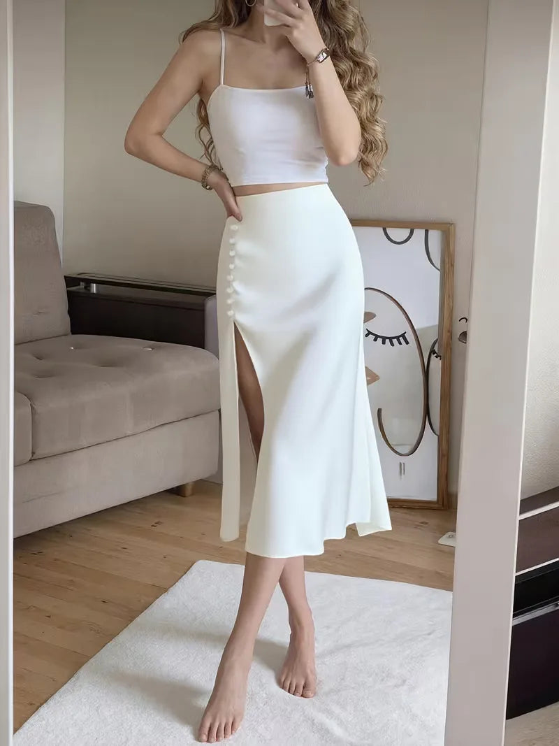 Women's Midi Skirt with Button Front | Side Slit