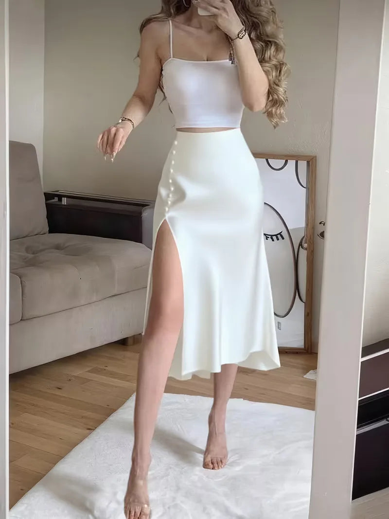 Women's Midi Skirt with Button Front | Side Slit