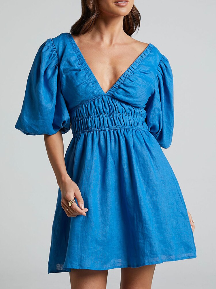 Women's Mini Dress Smocked Waist | V-Neck