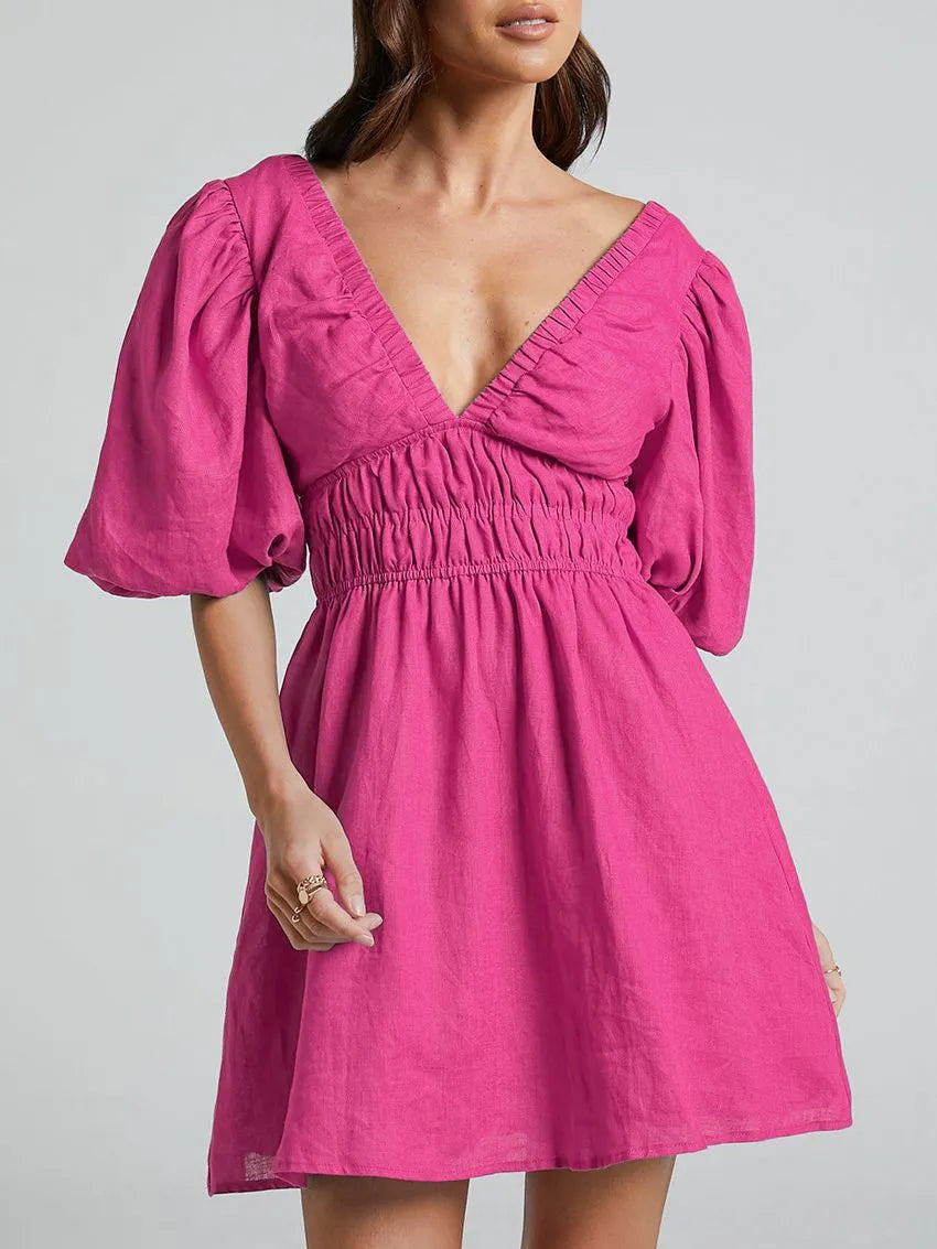 Women's Mini Dress Smocked Waist | V-Neck