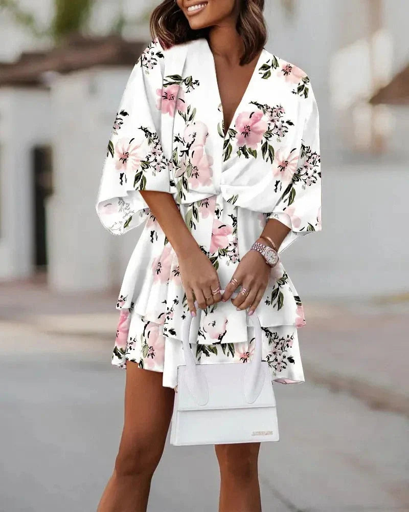 Women's Mini Dress V-Neck | Kimono Sleeve Floral